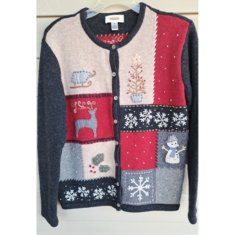 Talbots Women's Wool Christmas Patchwork Design Cardigan Button-Up Sweater M